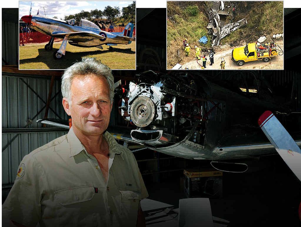 Terry Kronk at the hangar which housed his aircraft. Inset: Mr Kronk’s beloved replica P51 Mustang and the crash scene. Terry Kronk at the hangar which housed his aircraft. Inset: Mr Kronk’s beloved replica P51 Mustang and the crash scene.